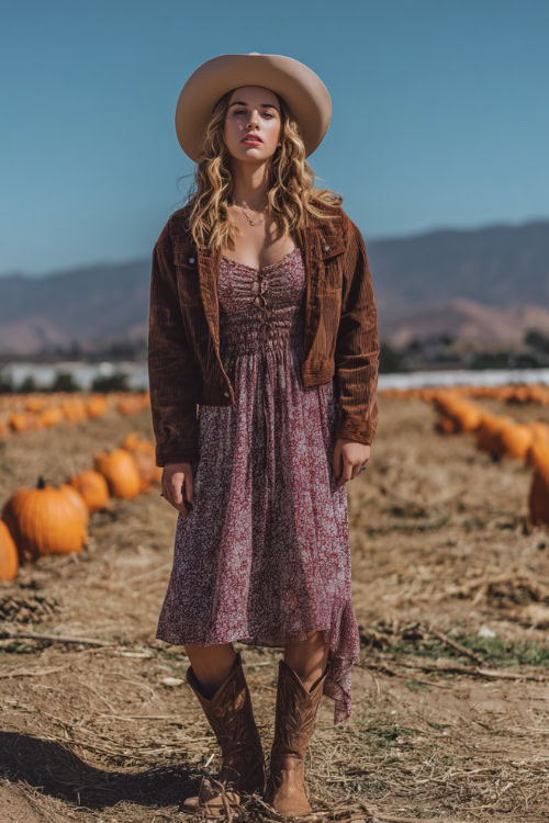 A woman wears a corduroy jacket over a bohemian maxi dress, paired with western boots and a felt hat, standing in a field of pumpkins near a country concert