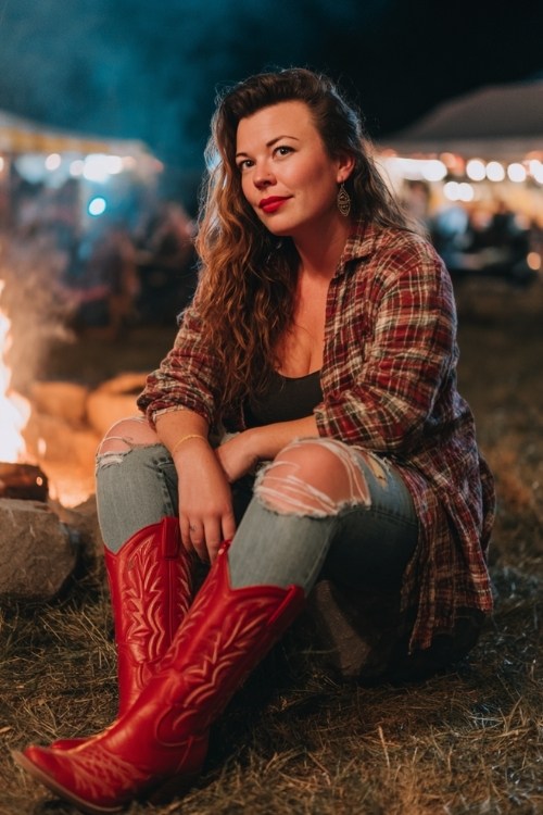 A plus size woman wears ripped boyfriend jeans with a flannel shirt, and red cowboy boots