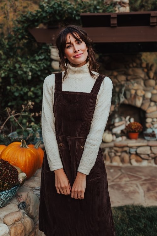 A woman over 30 in a chocolate corduroy pinafore dress layered over a cream turtleneck