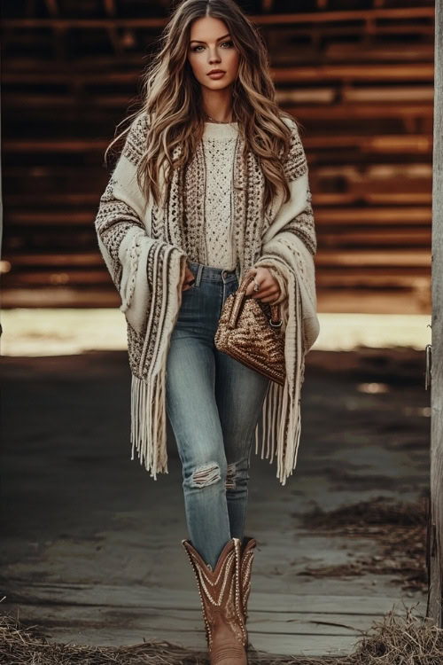 A woman in a boho cardigan with fringe, a knit sweater, skinny jeans, and tall cowboy boots, holding a clutch