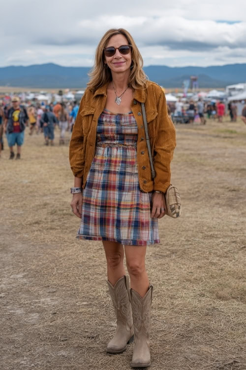A woman over 40 in a plaid dress with a corduroy jacket, suede cowboy boots, and a crossbody bag at an outdoor festival field