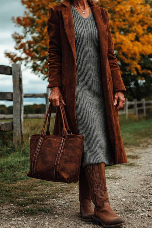 A woman over 50 wears a knit maxi dress with a long suede coat, paired with brown cowboy boots and a structured handbag