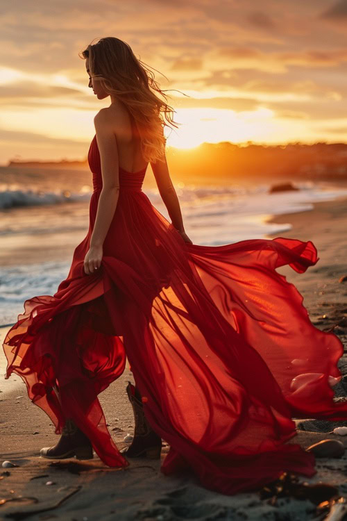 A woman wears cowboy boots with a flowy red dress