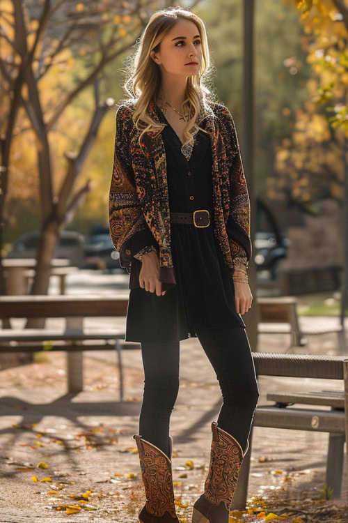 a woman wears a boho cardigan, a black dress, leggings with brown cowboy boots