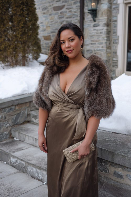 A curvy woman wears a bronze satin wrap gown with a faux fur cape (2)