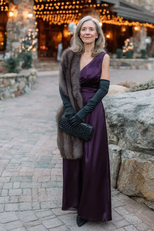 A woman in her 50s wears a deep plum long-sleeve gown with satin gloves and a faux-fur wrap, black pumps
