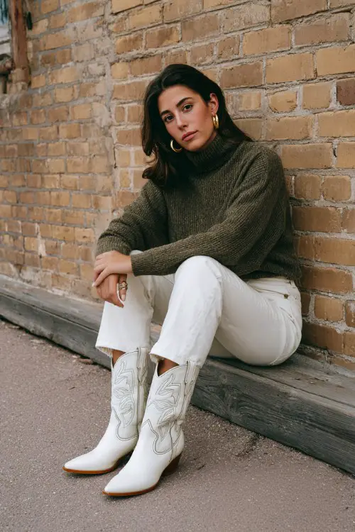 A woman wears white cowboy boots with skinny jeans, a chunky olive green turtleneck, and gold hoop earrings