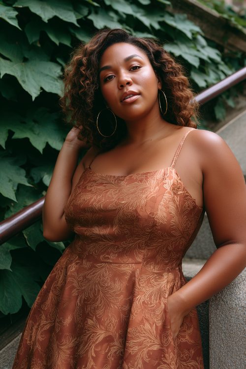 A plus-size Black woman in a copper fit-and-flare dress with baroque patterning and a square neckline