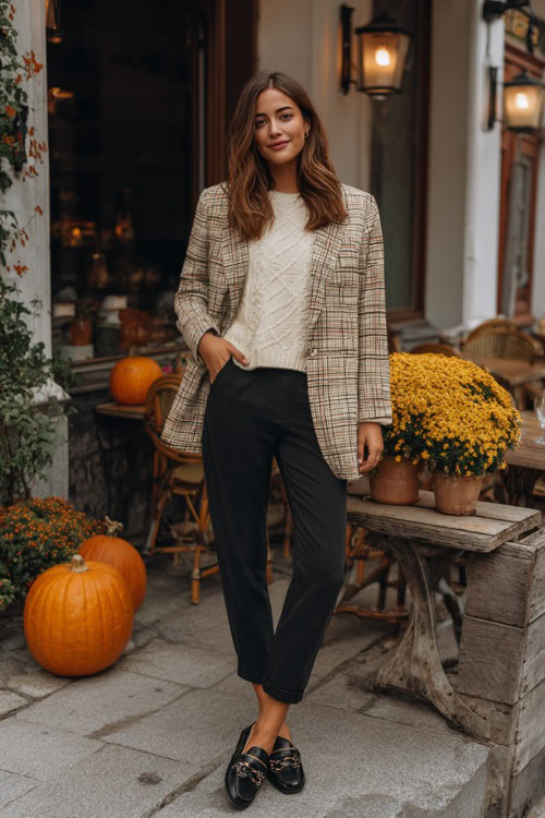 Stylish woman in a plaid blazer, cream sweater, black trousers, and loafers, standing near a cafeÌ with pumpkins and fall deÌcor