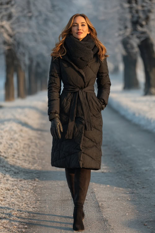 Elegant woman in a belted puffer coat, knitted scarf, gloves, and heeled boots, walking on a frosty morning sidewalk lined with winter trees