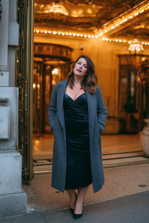 A curvy woman wears a dark blue velvet dress and a long gray wool coat