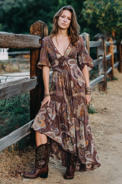 a woman wears a paisley boho dress with dark brown cowboy boots