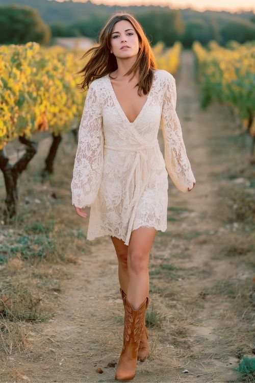 a woman wears a white country lace dress with brown cowboy boots