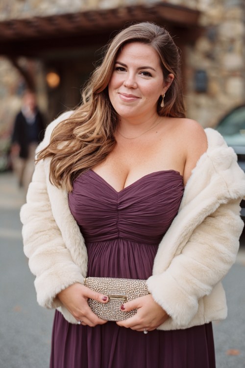 A plus-size woman wears a plum chiffon gown with pleated layers, layered with a cream faux fur jacket, accessorized with a beaded clutch