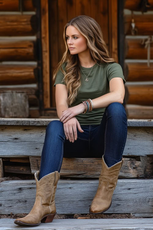 Woman in beige cowboy boots, dark blue straight-leg jeans, and a relaxed-fit olive green t-shirt, accessorized with a thin leather belt and bracelets (2)