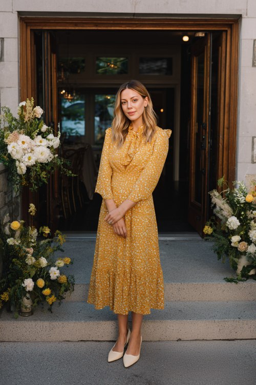 A woman wears a marigold block-print tiered midi with flutter sleeves and covered buttons, paired with ivory Mary Jane heels
