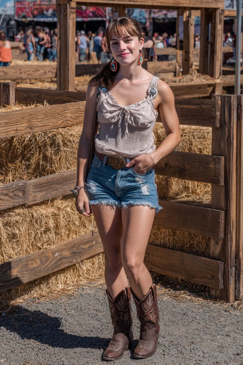 A midsize woman in distressed denim shorts, a tucked-in sleeveless blouse, and dark brown western boots, accessorized with beaded earrings and a crossbody purse