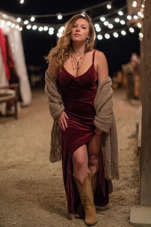 A curvy woman in a velvet burgundy maxi dress styled with a long knit shawl, suede cowboy boots, and layered necklaces under string lights at a country concert