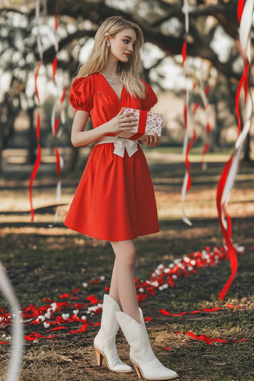 A woman wearing a bright red A-line dress with white cowboy boots, holding a Valentine s Day gift box
