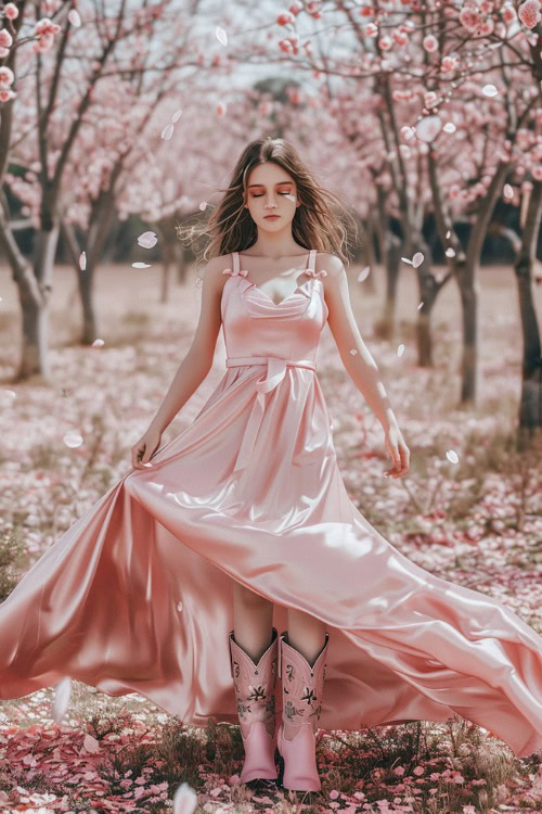 a woman wears a pink satin maxi dress and pink cowboy boots