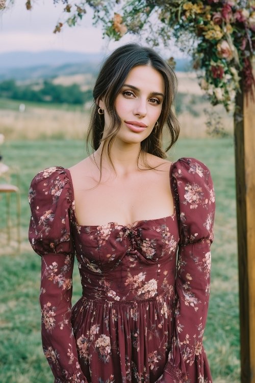 A petite woman in a burgundy floral-print chiffon tea-length dress with a square neckline and elastic puff sleeves