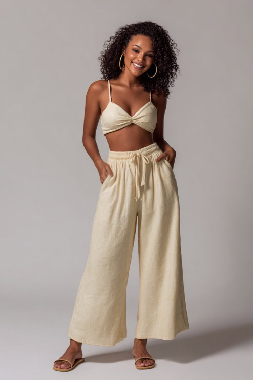 A woman in a matching linen two-piece set with a crop top and wide-leg pants, accessorized with hoop earrings and sandals, ideal for a relaxed summer night look