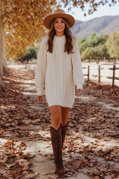 a woman wears a cream sweater dress with brown cowboy boots and matching hat in fall