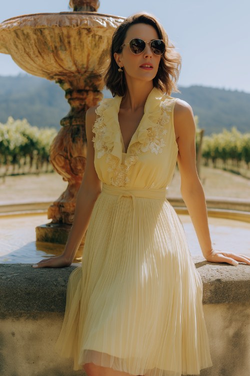 A woman over 50 wears a sleeveless lemon yellow fit-and-flare dress with a pleated skirt