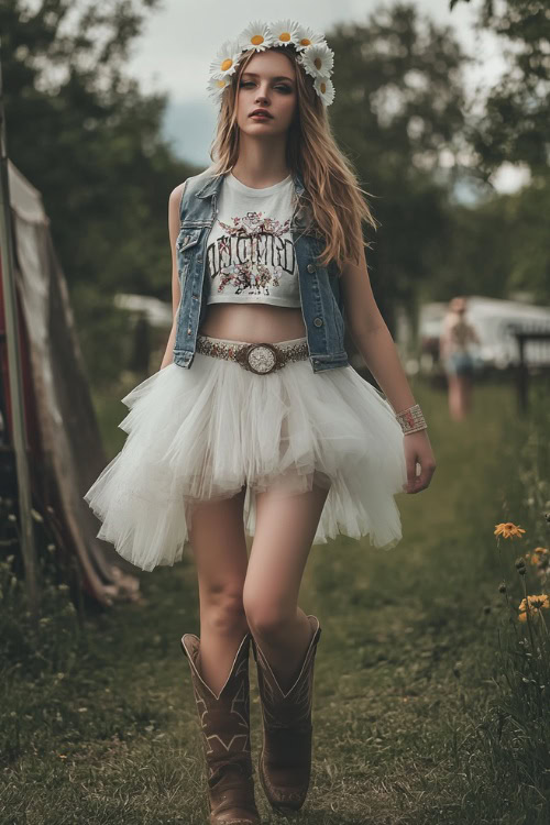 A laid-back woman in a tulle skirt and knotted graphic tee with a white daisy crown, cowboy boots, and a denim vest, walking in a grassy festival area