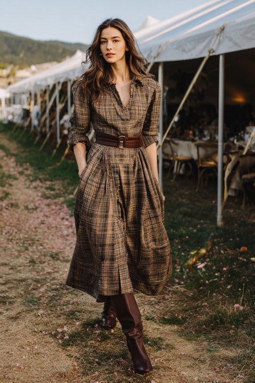 A woman wears a forest plaid A-line midi with a belted waist and soft pleats, paired with chocolate knee-high boots