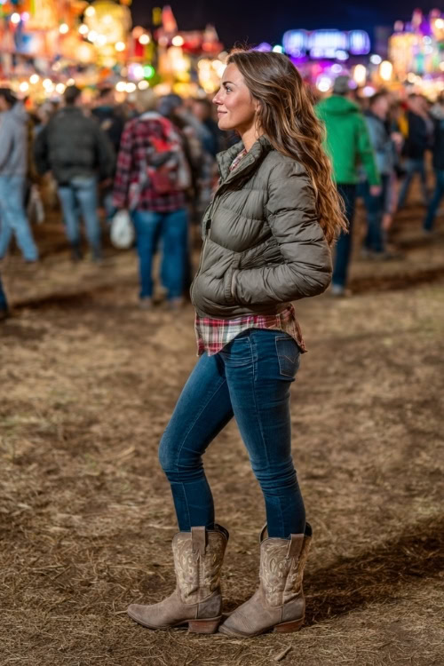 A woman over 30 wears a quilted puffer jacket over a plaid button-down shirt and jeans, paired with suede cowboy boots, standing in a festival crowd with lantern lights