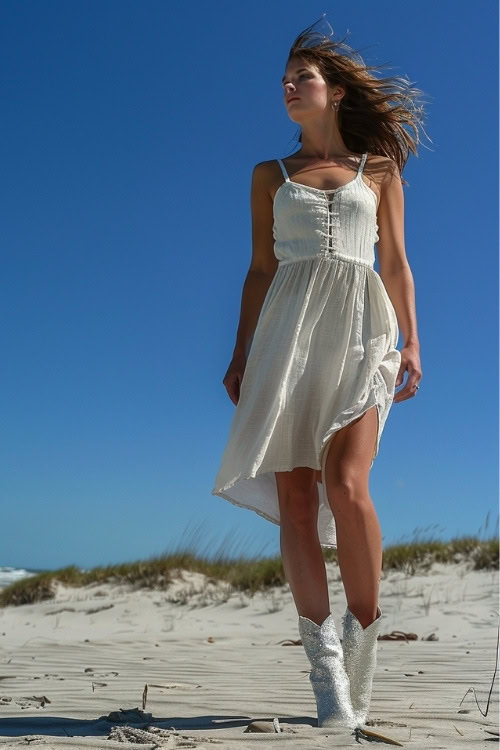 a woman wears sparkly cowboy boots and white dress on the beach
