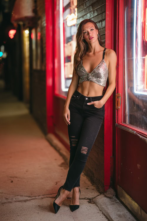 A woman in ripped black skinny jeans, a sequined silver top, and stiletto heels, posing near a neon-lit nightclub entrance, full body outfit visible