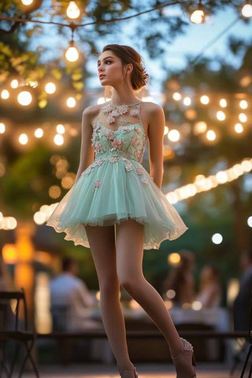 A woman in a pastel mint green sleeveless short bubble dress with floral lace appliqueÌs, a ruched bodice, and a flared hemline