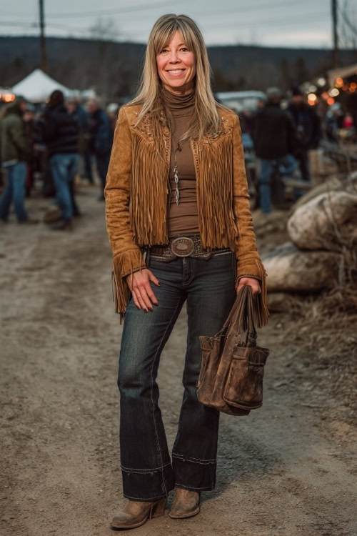 A woman over 40 wears a suede fringe jacket over a knit turtleneck, paired with dark bootcut jeans and cowboy boots, holding a leather bag at a lantern-lit country concert