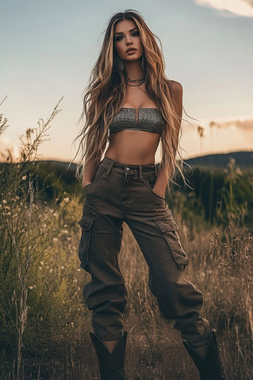 A glamorous woman in a rhinestone crop top, cargo pants, and cowboy boots, posing for a candid shot in a festival field