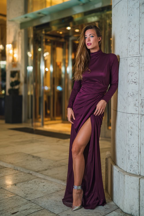 A woman wearing a floor-length plum evening gown with a thigh slit and metallic heels, posing outside a luxury hotel bar in autumn