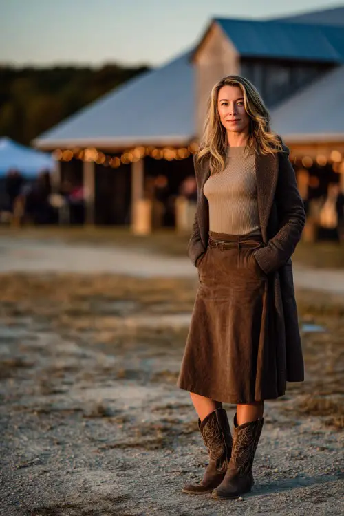 A woman over 50 wears a long sleeve ribbed knit top tucked into a suede midi skirt, paired with cowboy boots and a belted wool coat