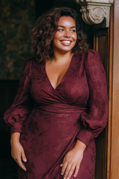 A plus-size woman wears a deep burgundy wrap dress with floral embossed details and bishop sleeves