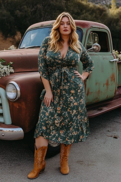 A plus-size woman wears a forest green floral-print midi dress with a cinched waist and tan cowboy boots