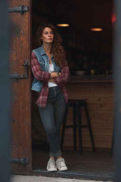 A woman wearing black skinny jeans, a plaid flannel shirt layered with a denim jacket, and white sneakers, leaning against the entrance of a casual autumn bar