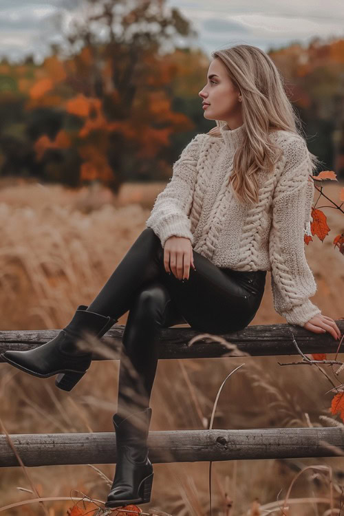 A woman wears black ankle cowboy boots with a chunky sweater