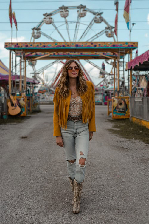A woman wears ripped light-wash jeans, a mustard yellow fringe jacket, and snakeskin cowboy boots