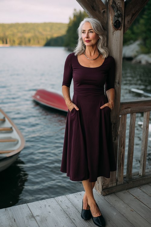 A woman over 50 wears a deep plum jersey A-line midi with a boat neckline and three-quarter sleeves, styled with black heeled loafers