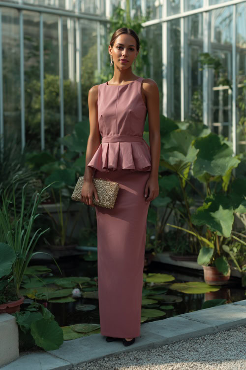 A woman in a dusty rose sleeveless dress with a peplum waist and beaded clutch, standing at the entrance of a glass garden house wedding ceremony