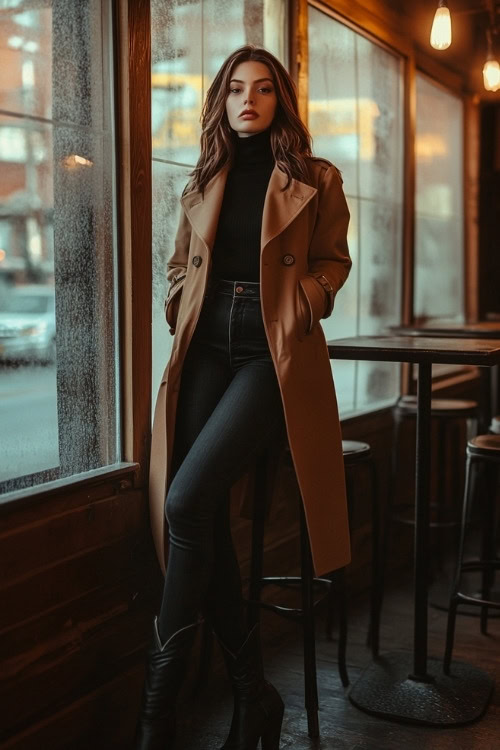 Woman in a black turtleneck under a camel-colored trench coat, dark skinny jeans, and black cowboy boots, standing by a cozy cafeÌ with warm lighting and frosted windows