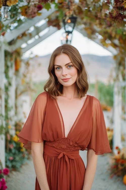 A petite woman in a rust chiffon tea-length dress with sheer flutter sleeves and a smocked waist