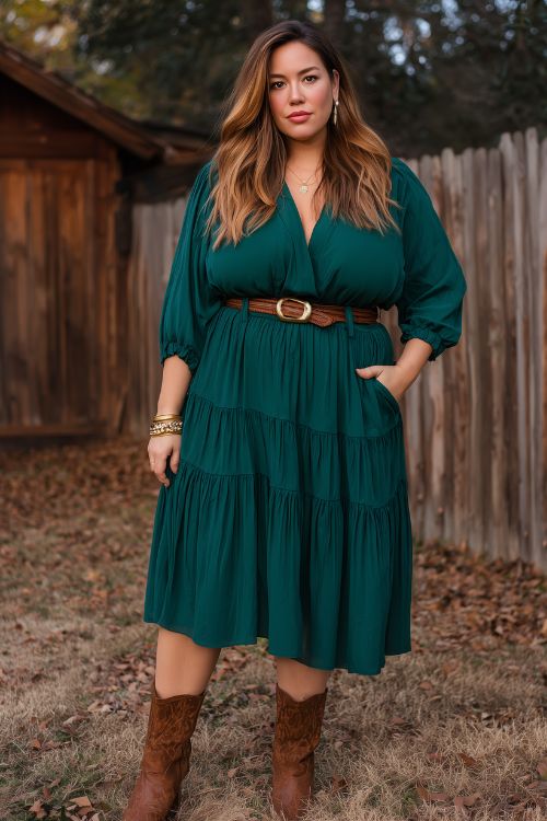 a plus-size woman wearing a midi emerald green long-sleeve wedding guest dress with a tiered skirt and brown boots