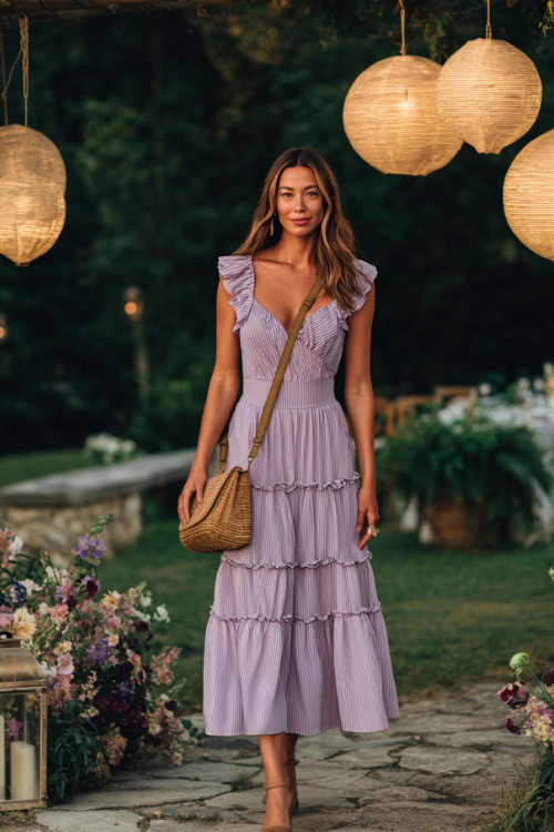 A woman in a light purple tiered midi dress with flutter sleeves and crossbody straw bag, walking beside hanging lanterns and floral arrangements at a garden wedding