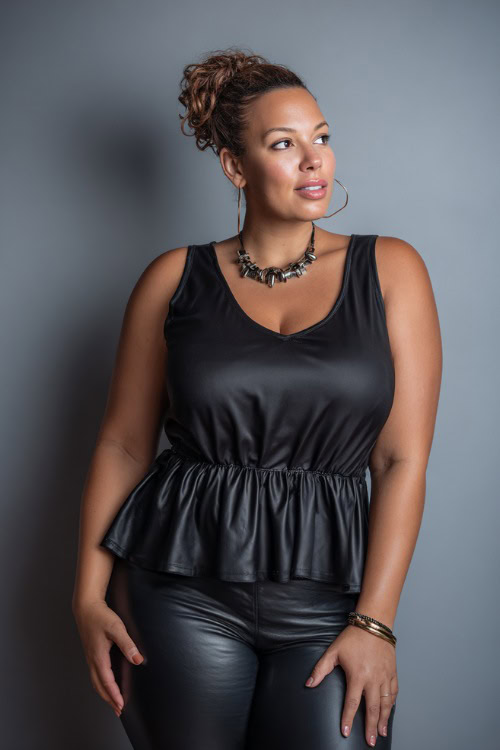 A plus-size woman in a sleeveless peplum top paired with faux leather leggings and bold accessories, styled for a sleek and confident summer going-out look
